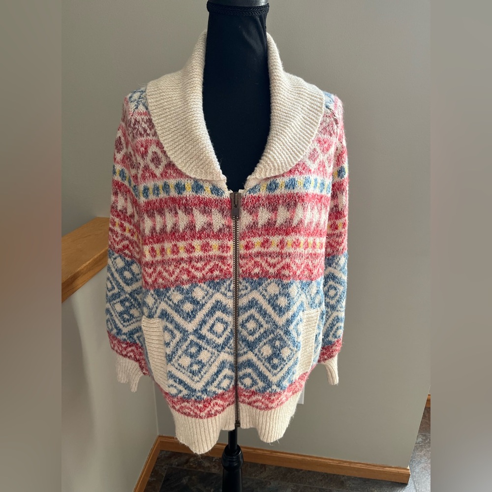 Cabi Highlands #3847 Fair Isle multi color full zip cotton blend cardigan.Medium